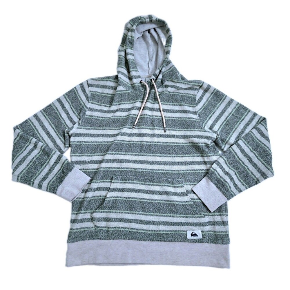 Quiksilver Men's Medium Striped Hoodie Pullover Green Surf Terry Sweatshirt